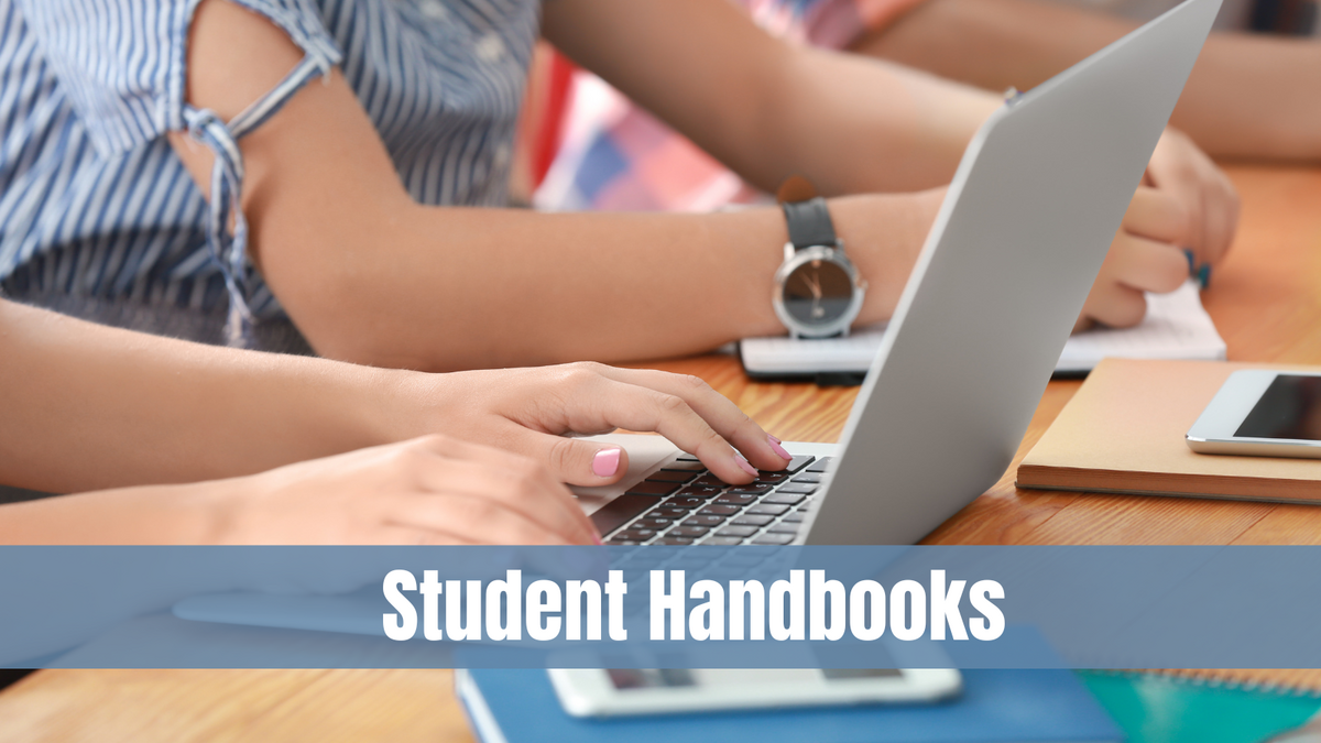 Student Handbooks poster with kid on laptop and kid writing